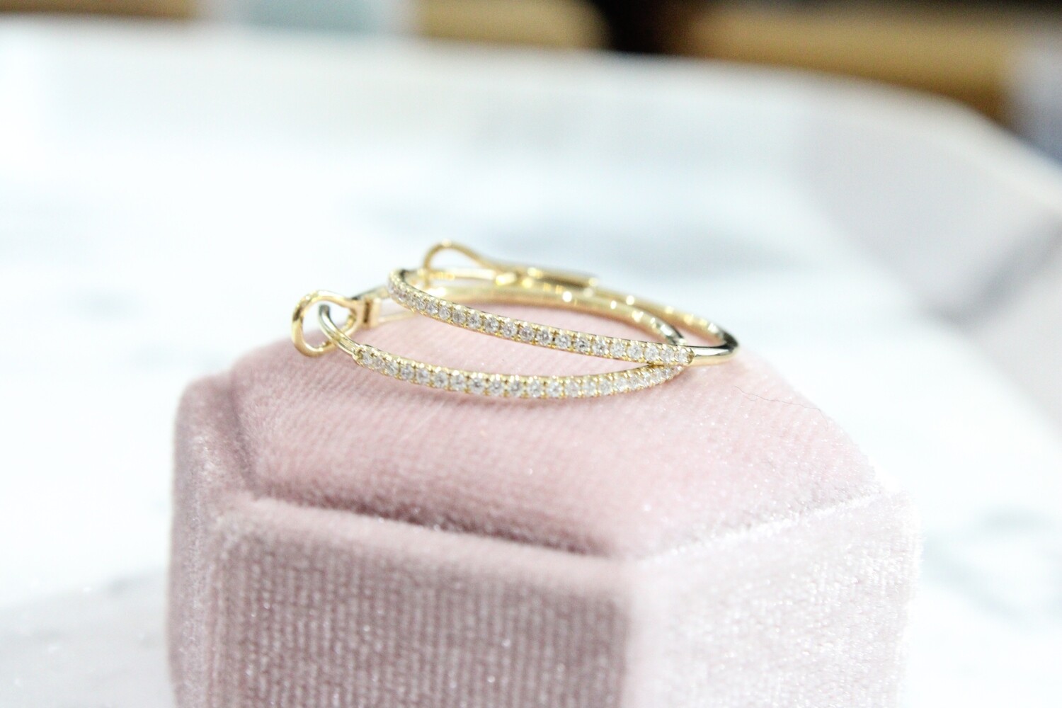 14ky .20ct Total Thin Diamond Hoop Earrings, 50 Round Diamonds 14ky .20ct Total Thin Diamond Hoop Earrings, 50 Round Diamonds