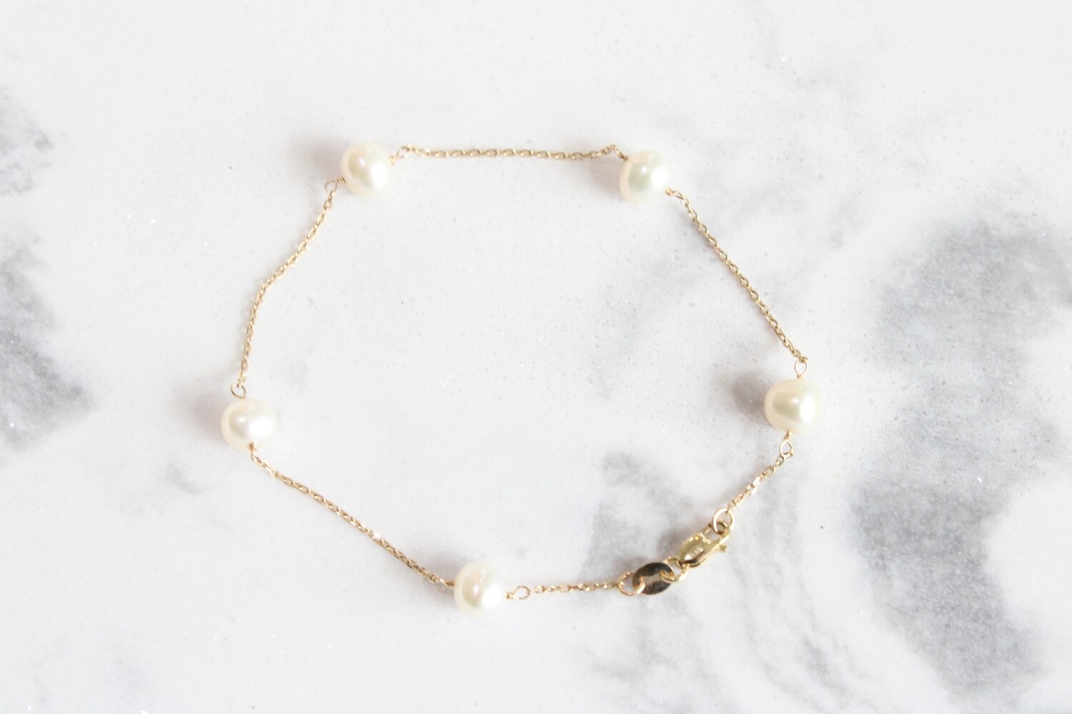 14ky Cultured White Freshwater Pearl 5-Station 7&quot; Bracelet