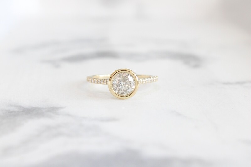14ky 1.20ct Total Diamond Bezel Set Center with Prong Set Diamond Shank Ring, 1 at 1ct, I1, H &amp; 20 at .01ct Each, SI1-SI2, G-H