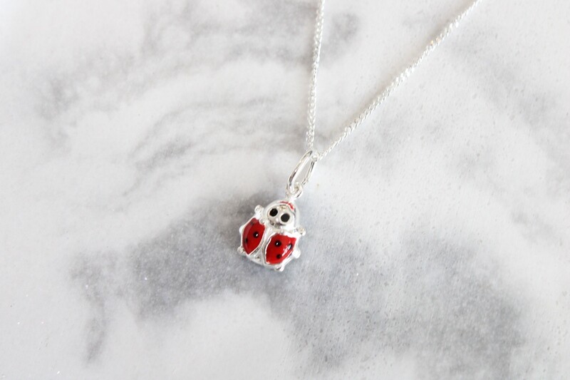 Sterling Silver Polished Black and Red Enameled Ladybug Children&#39;s Necklace