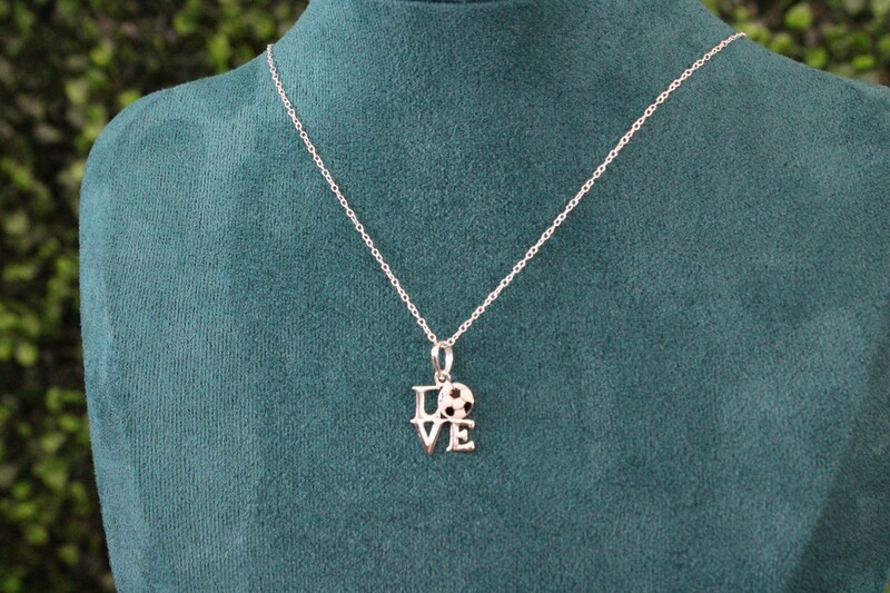 Sterling Silver Polished Enamel Love Soccer Pendant on 18&quot; Cable Chain