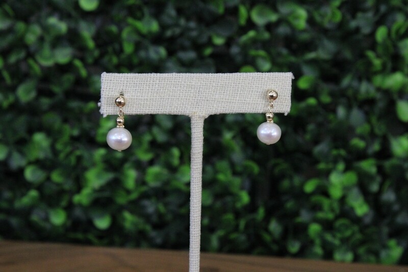 14ky 7-8mm White Semi-round Freshwater Cultured Pearl Dangle Post Earrings