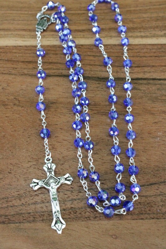 Aqua Glass Beaded 20in Silver-tone Rosary