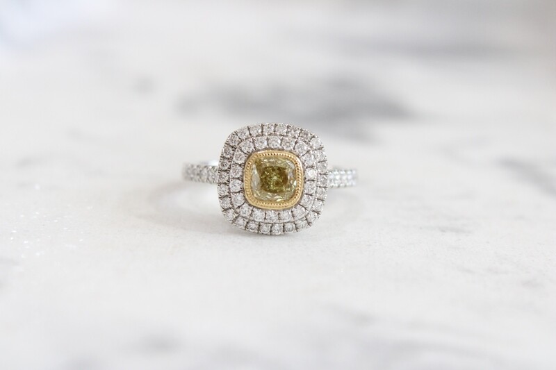 18kwy 1.50ct Total Cushion Yellow Diamond Bezel Set with White Diamond Double Halo &amp; Shank Ring, 1 at .92ct &amp; 58 at .58ct Total