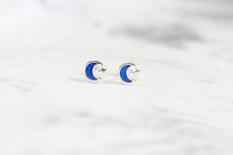 Sterling Silver Polished Blue Enamel Moon and Star Children&#39;s Post Earrings