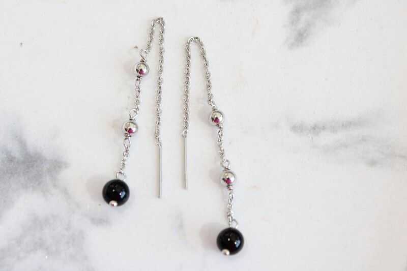 Sterling Silver Beaded Black Onyx &amp; Polished Threader Earrings