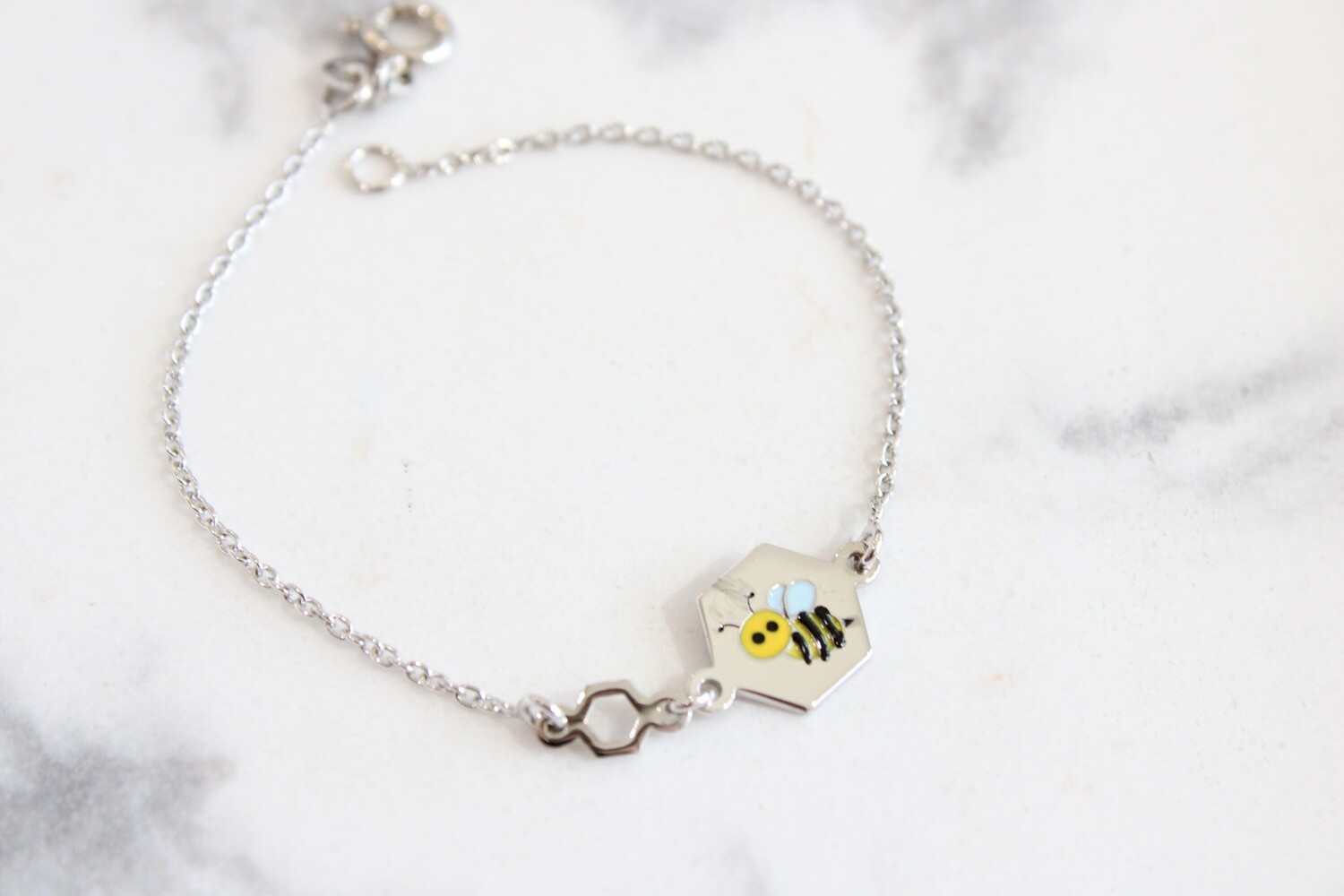 Sterling Silver Enameled Bee Hexagon Link 6in Children&#39;s Bracelet