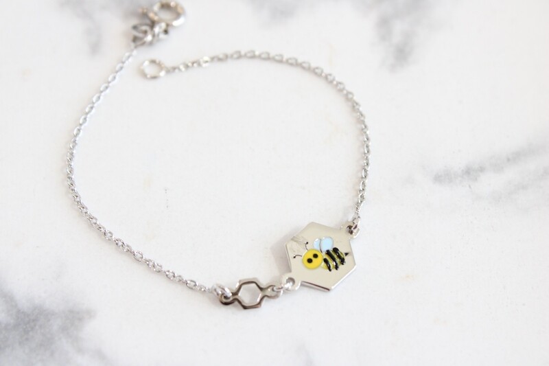 Sterling Silver Enameled Bee Hexagon Link 6in Children&#39;s Bracelet