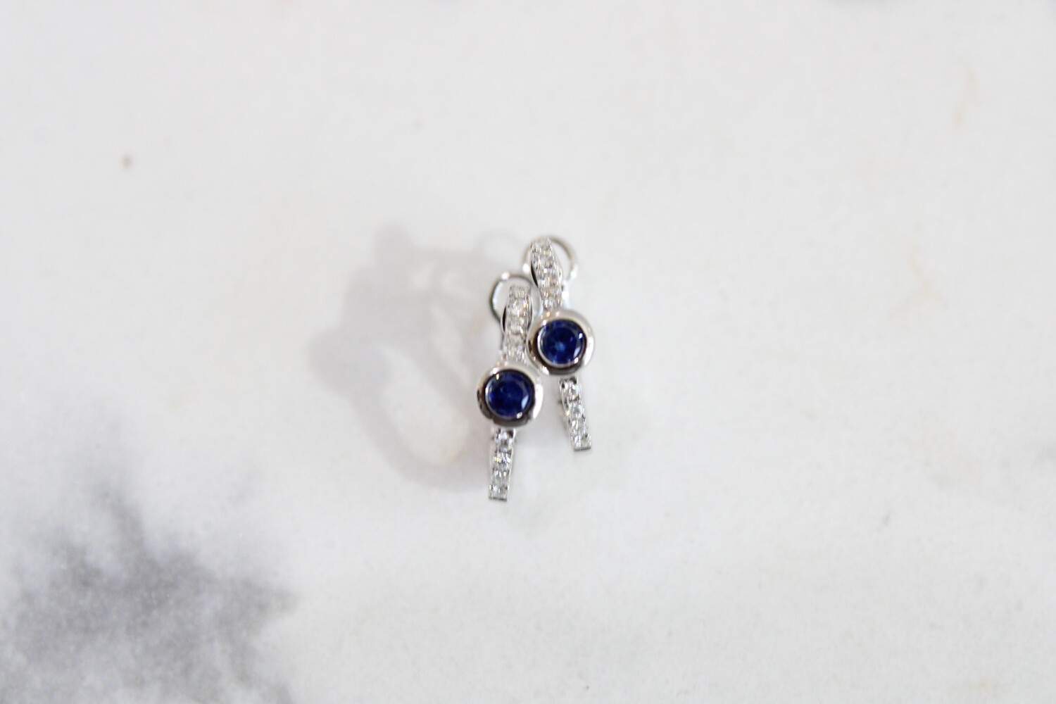 14kw .47ct Total Bezel Set Sapphire &amp; Diamond Hoop Earrings, 16 Diamonds at .10ct Total &amp; 2 Sapphires at .37ct Total