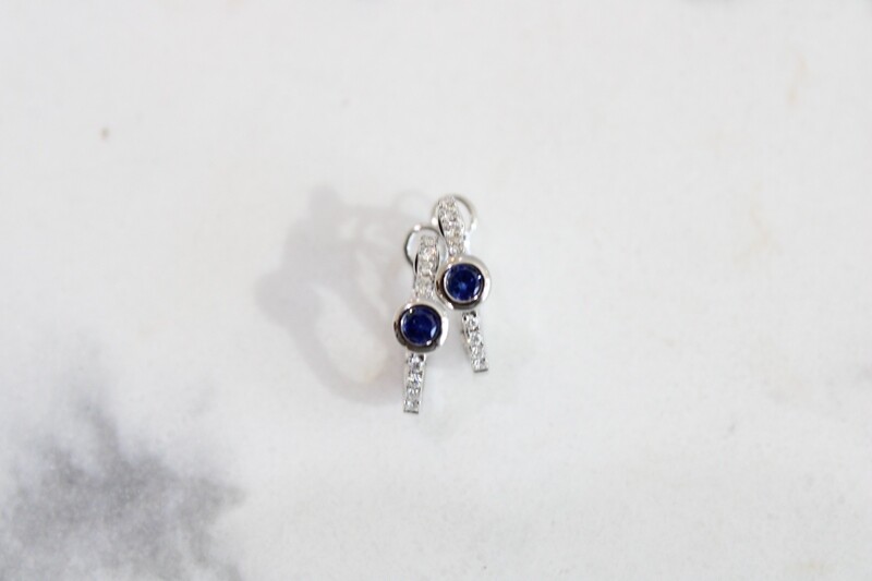 14kw .47ct Total Bezel Set Sapphire &amp; Diamond Hoop Earrings, 16 Diamonds at .10ct Total &amp; 2 Sapphires at .37ct Total