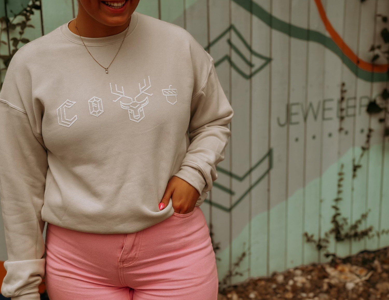 Bell + Canvas Natural Crew Neck Sweatshirt with Camelot Icons, Size Medium