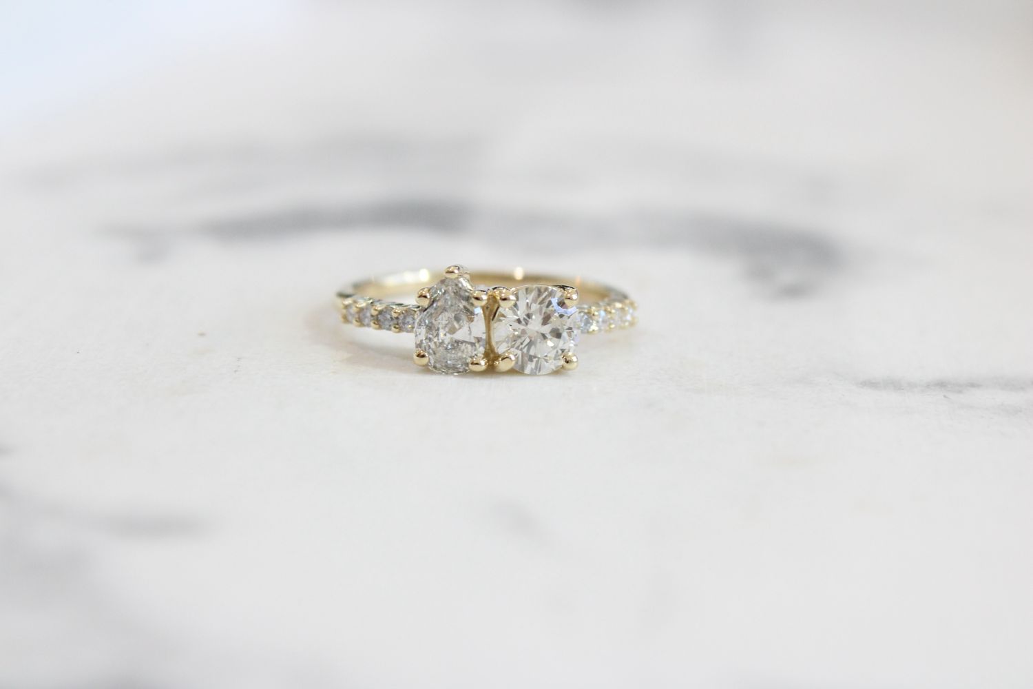 14ky 1.15ct Total Two Stone Diamond Pear &amp; Round Ring with Diamond Shank, 1 Pear at .42ct, 1 Round at .63ct, &amp; 8 at .10ct Total