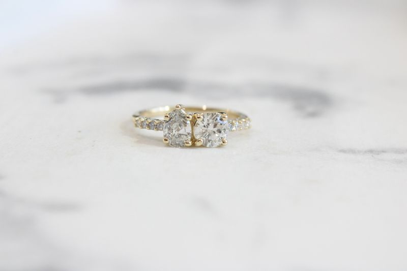 14ky 1.15ct Total Two Stone Diamond Pear &amp; Round Ring with Diamond Shank, 1 Pear at .42ct, 1 Round at .63ct, &amp; 8 at .10ct Total