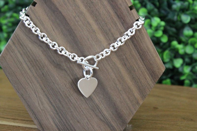 Sterling Silver Engraveable Heart Disc on Fancy Link Toggle 18in Necklace