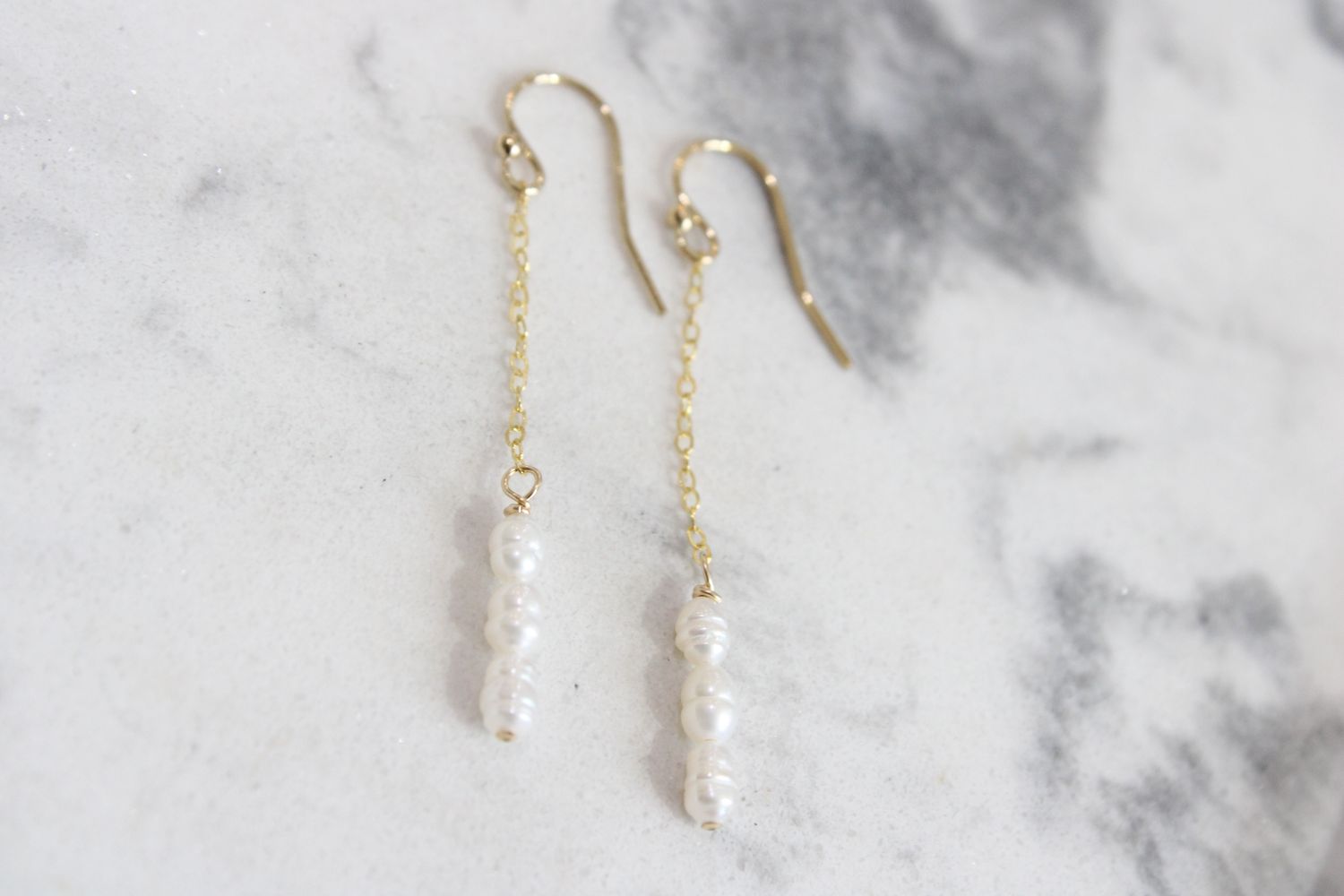 14/20 Gold Filled Crinkly Cultured Freshwater Rice Pearl Long Drop Earrings