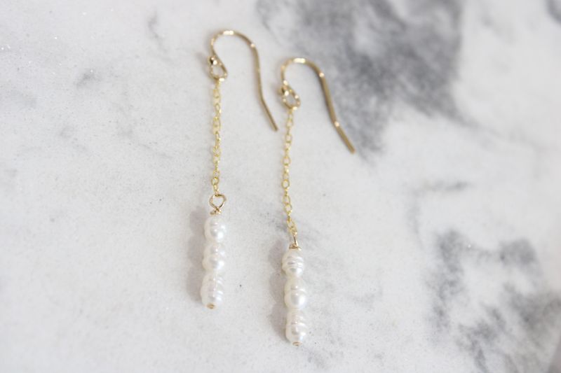 14/20 Gold Filled Crinkly Cultured Freshwater Rice Pearl Long Drop Earrings
