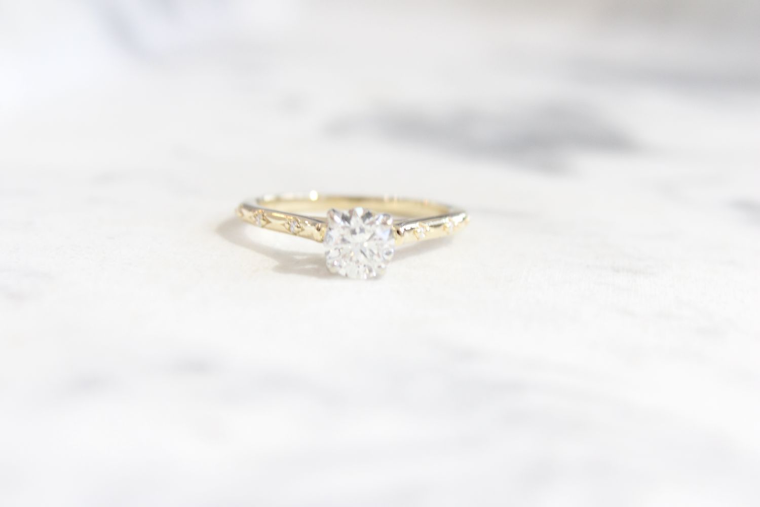 14ky .83ct Total Round Diamond Center with Floating Diamond Shank Ring, 1 at .80ct, GIA, F, SI2 &amp; 6 at .03ct Total 