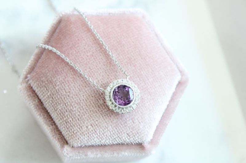 14kt White Gold 1ct Amethyst and Diamond Halo Necklace, .88ct Amethyst, 20 Round Diamonds