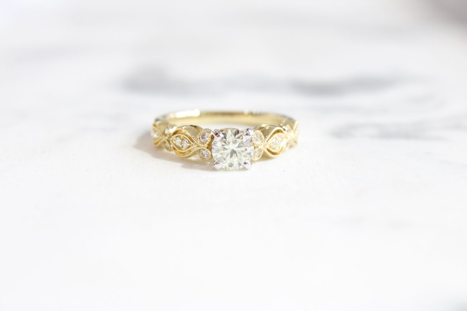 18kt Yellow Gold 1.13ct Total Milgrain Cut Out Diamond Ring, 1 @ 1ct, 16 @ .13ct