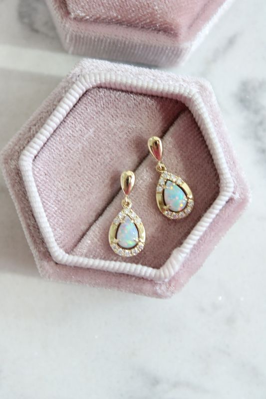 14ky .62ct Total Pear Opal &amp; Diamond Halo Drop Post Earrings, 20 Diamonds at .16ct Total &amp; 2 Opals at .46ct Total