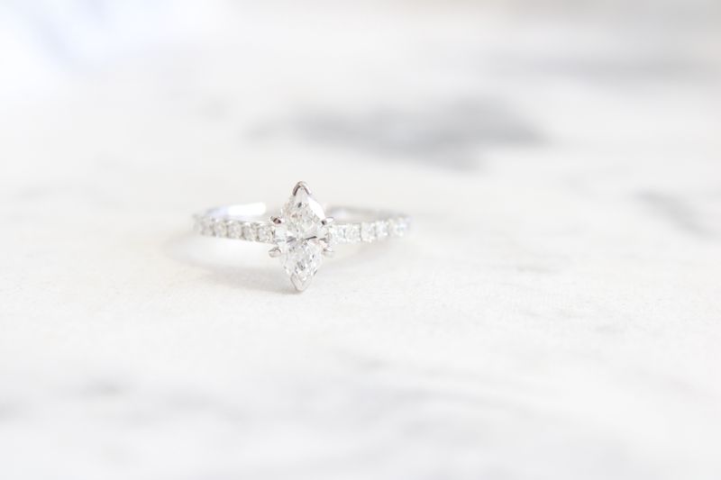 14kw .83ct Total Marquise Diamond Center with Diamond Shank Ring, 1 at .64ct &amp; 12 at .19ct Total 