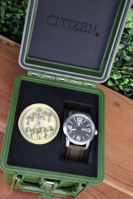 Citizen Men&#39;s Eco-Drive Stainless Steel Military Watch Box Set with Coin &amp; Green Nylon Strap