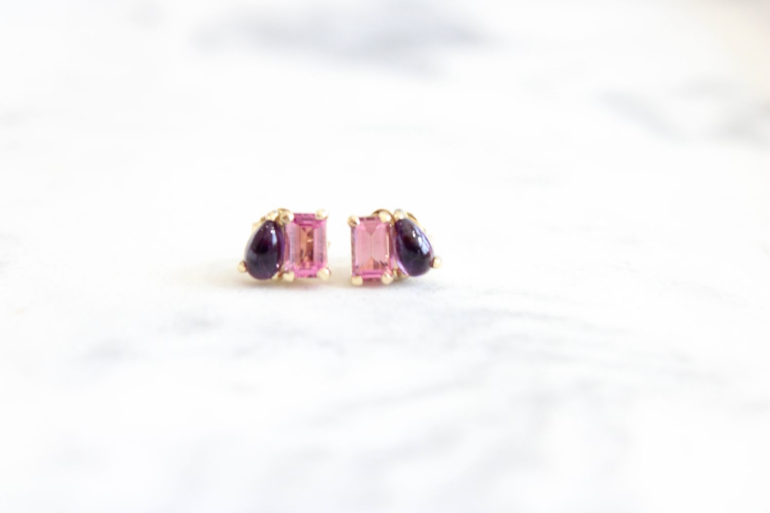14ky Pink Tourmaline &amp; Natural Amethyst Two-Stone Stud Earrings