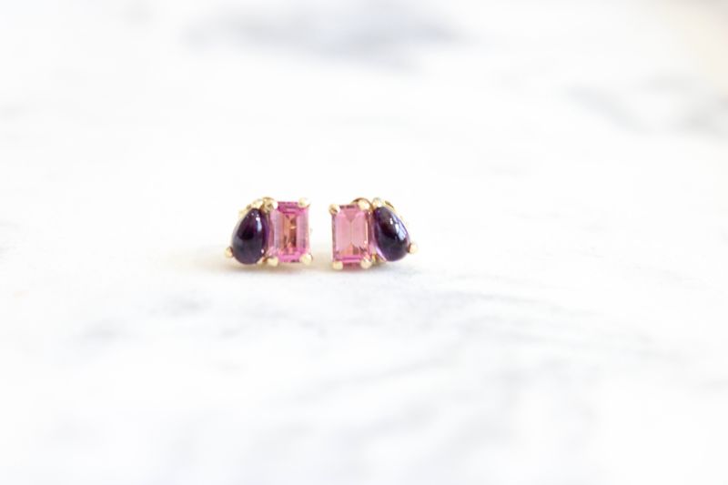 14ky Pink Tourmaline &amp; Natural Amethyst Two-Stone Stud Earrings