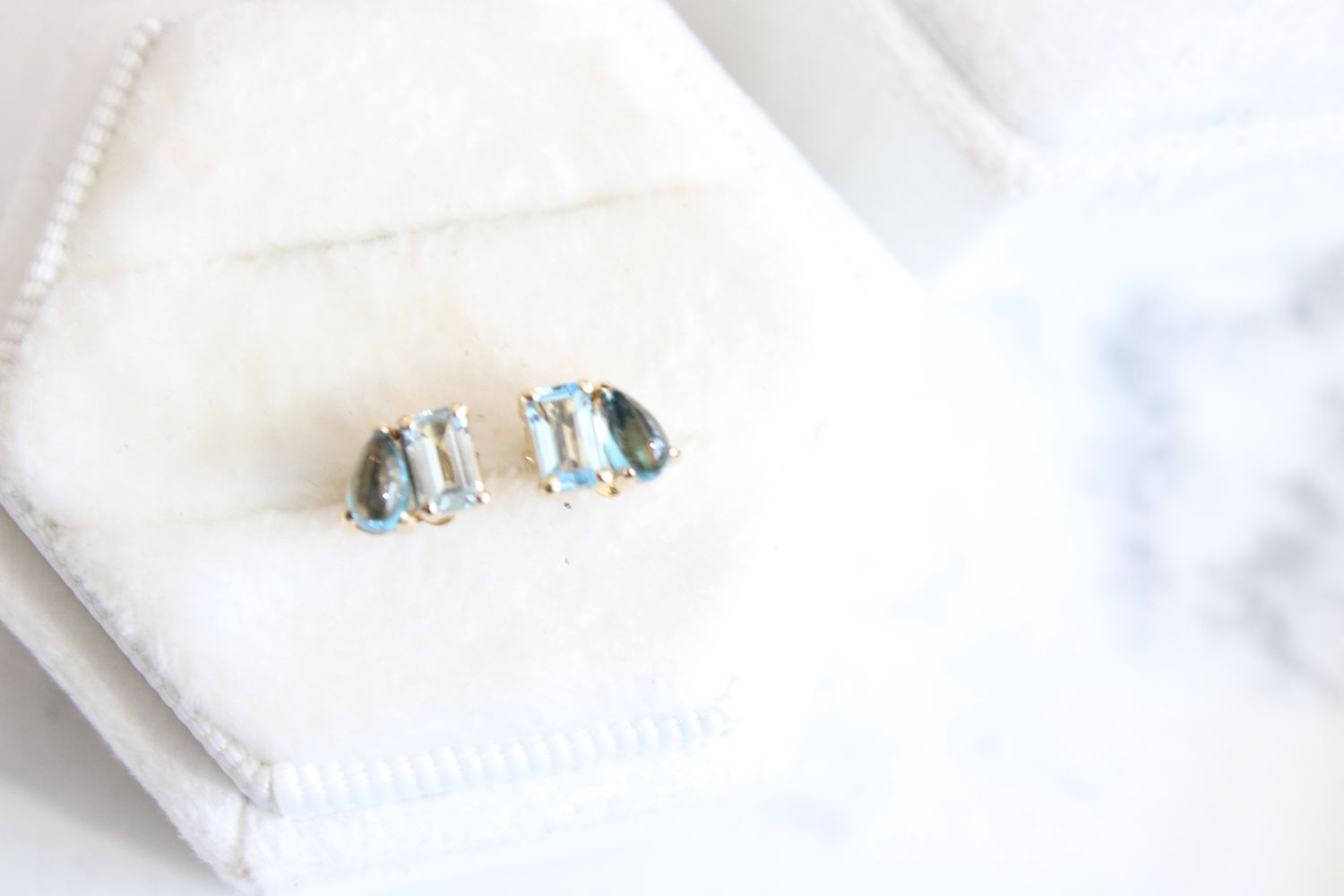 14ky Sky Blue Topaz &amp; London Blue Topaz Two-Stone Stud Earrings