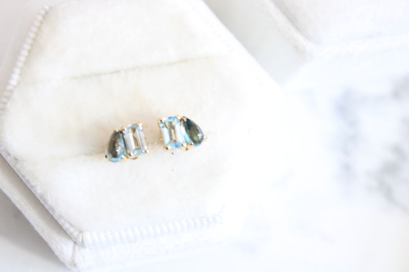 14ky Sky Blue Topaz &amp; London Blue Topaz Two-Stone Stud Earrings