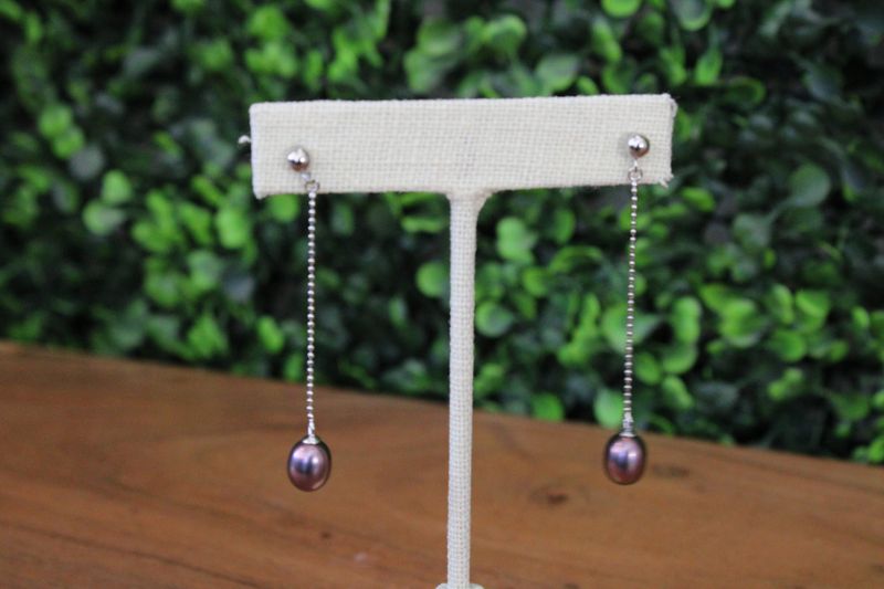 Sterling Silver 7-8mm Black Teardrop Freshwater Cultured Pearl Post Dangle Earrings