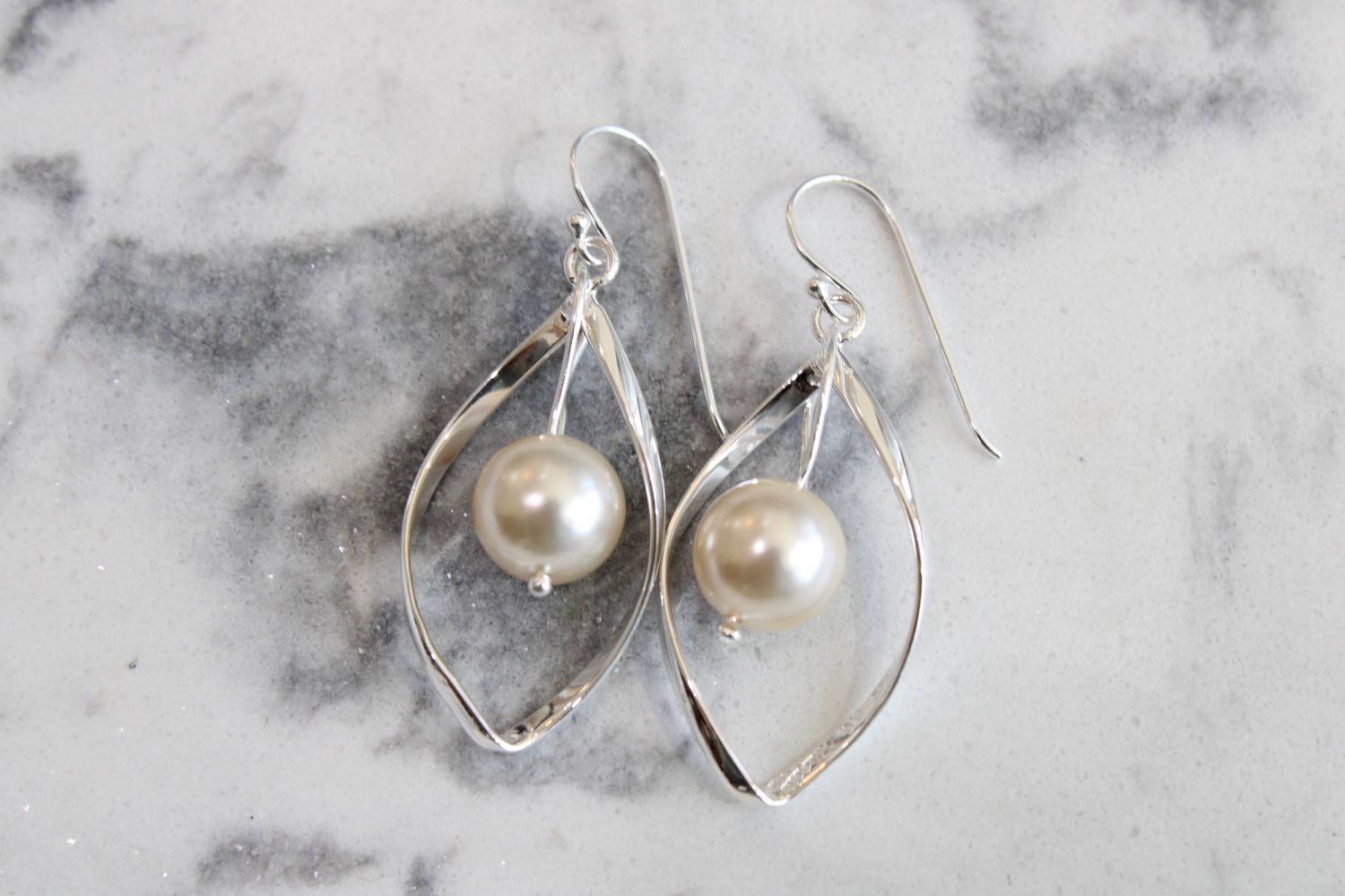 Sterling Silver Polished Simulated Pearl Twisted Dangle Earrings