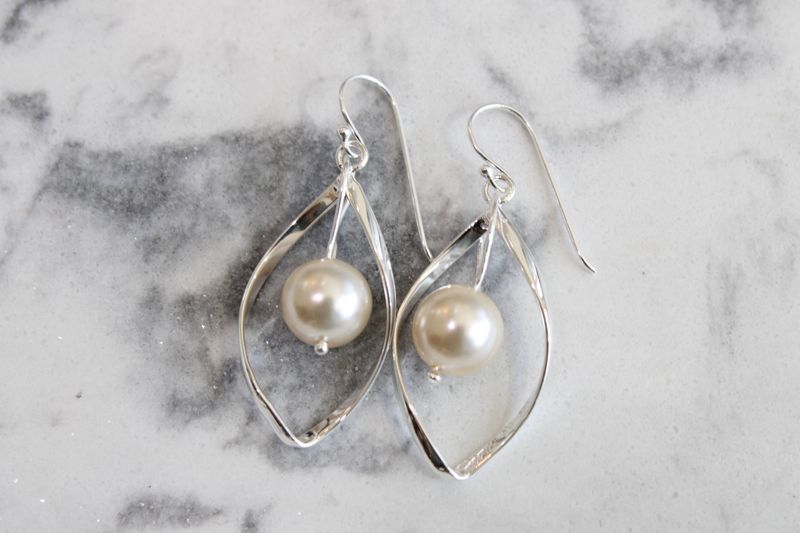 Sterling Silver Polished Simulated Pearl Twisted Dangle Earrings