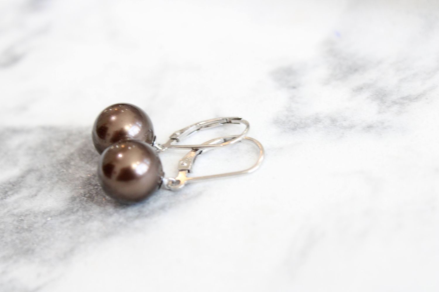 Sterling Silver 10-11mm Brown Imitation Shell Pearl Leverback Dangle Earrings