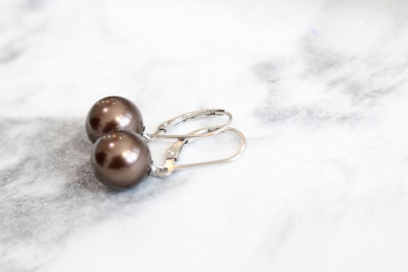 Sterling Silver 10-11mm Brown Imitation Shell Pearl Leverback Dangle Earrings