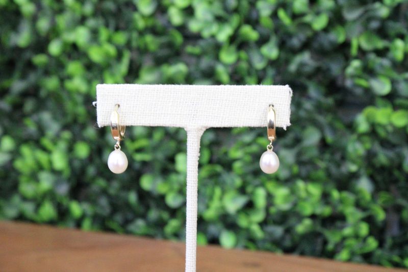 14ky 6-7mm White Rice Freshwater Cultured Pearl Hoop Dangle Earrings