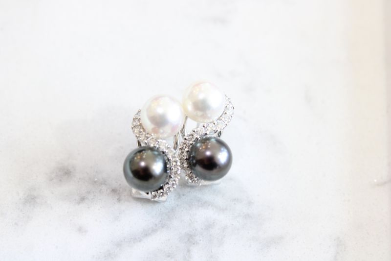 14kt White Gold 8mm Black and White Pearl 5/8ct Diamond Swirl Earrings
