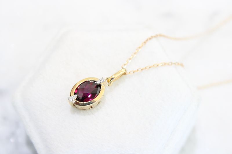 10kt Yellow Gold Oval Bezel Set Rhodolite Garnet  with .02ct Diamond Necklace