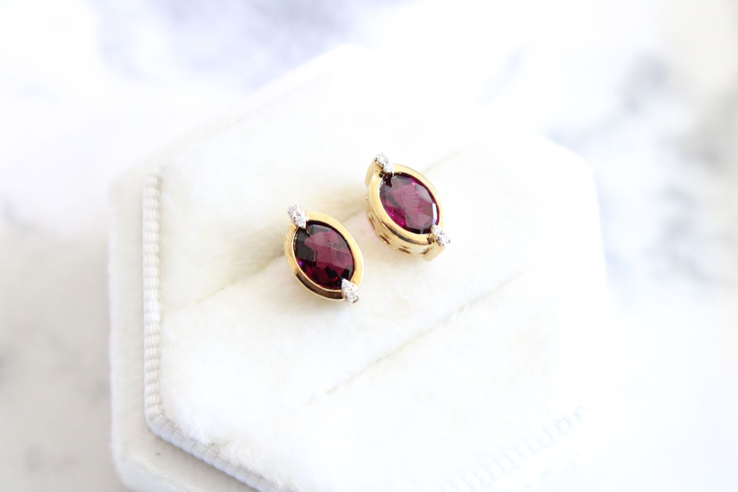 10kt Yellow Gold Oval Bezel Set Rhodolite Garnet with .03ct Diamond Earrings
