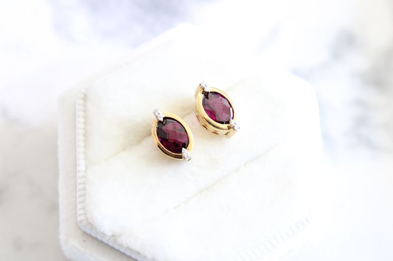 10kt Yellow Gold Oval Bezel Set Rhodolite Garnet with .03ct Diamond Earrings