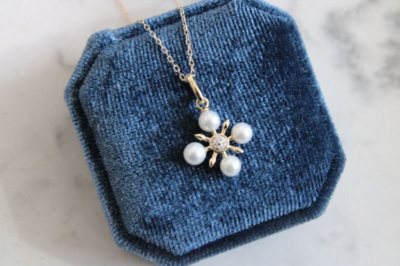 10kt Yellow Gold .03ct Diamond &amp; Pearl Snowflake Necklace