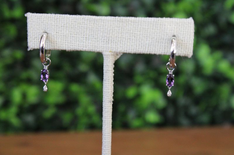 Sterling Silver Amethyst &amp; White Topaz Hoop Earrings
