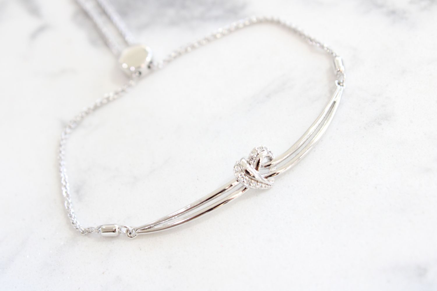 Sterling Silver Diamond Heart Love Knot Bolo Bracelet