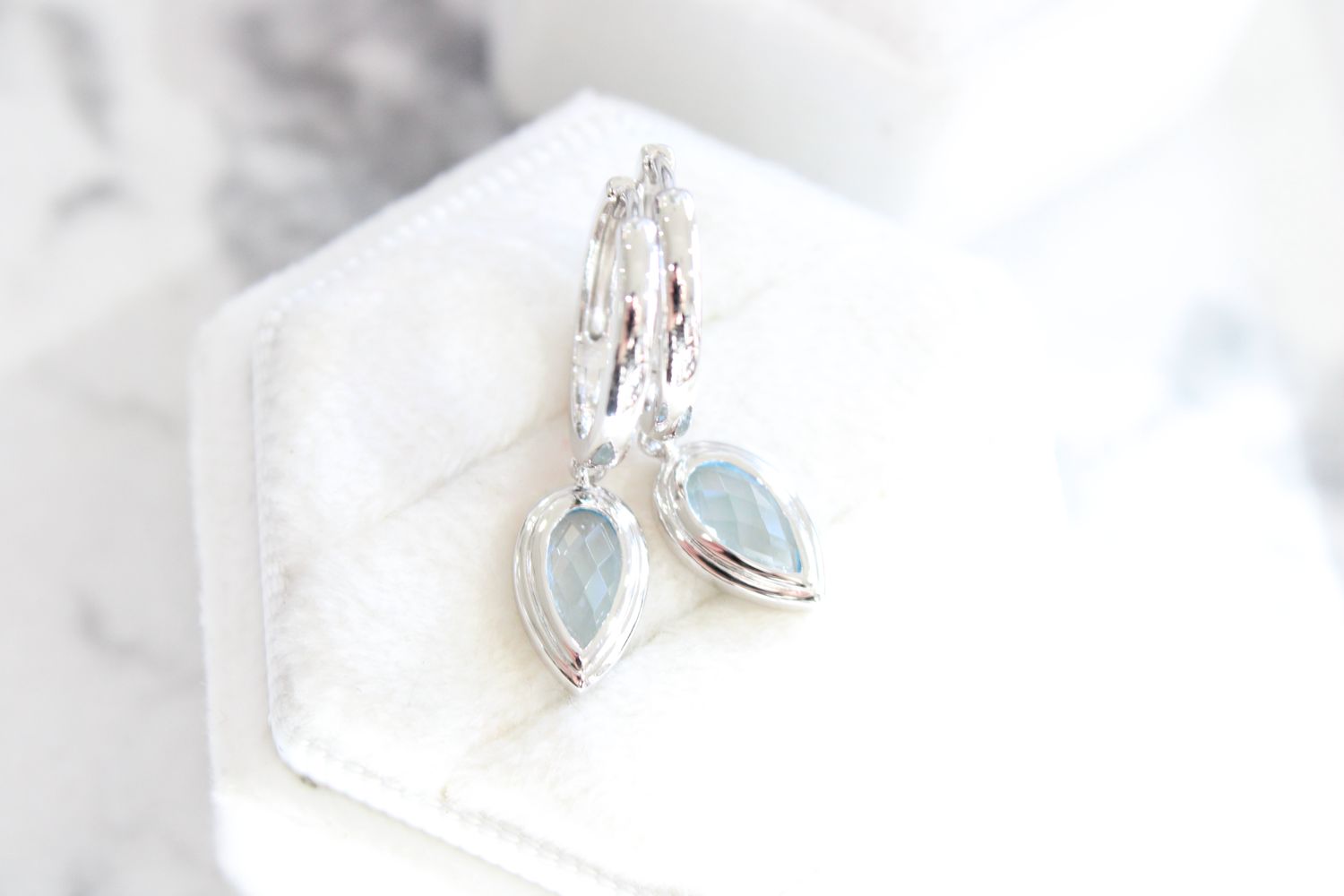 Sterling Silver Blue Topaz Pear Bezel Dangle Hoop Earring