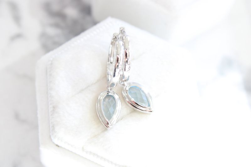 Sterling Silver Blue Topaz Pear Bezel Dangle Hoop Earring