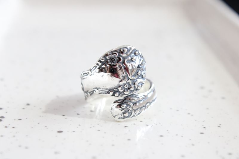 Sterling Silver Oxidized Adjustable Floral Spoon Ring