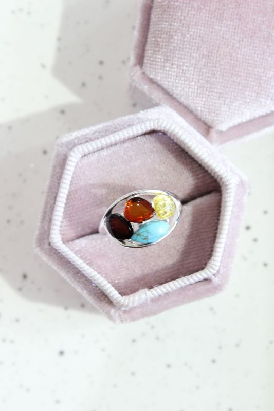 Sterling Silver Amber/Turquoise Size 6 Ring 
