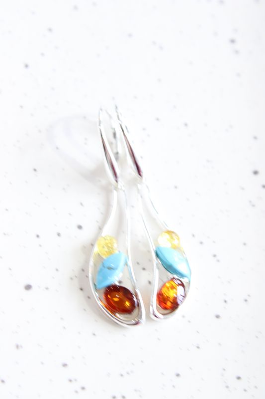 Sterling Silver Oblong Amber/Turquoise Lever Earrings