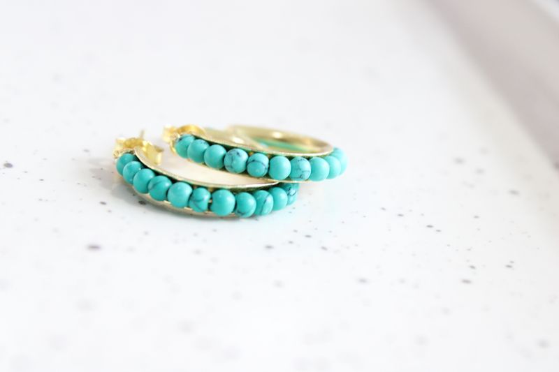 14k Gold Plated Sterling Silver Turquoise Bead 3/4 Hoop Earring