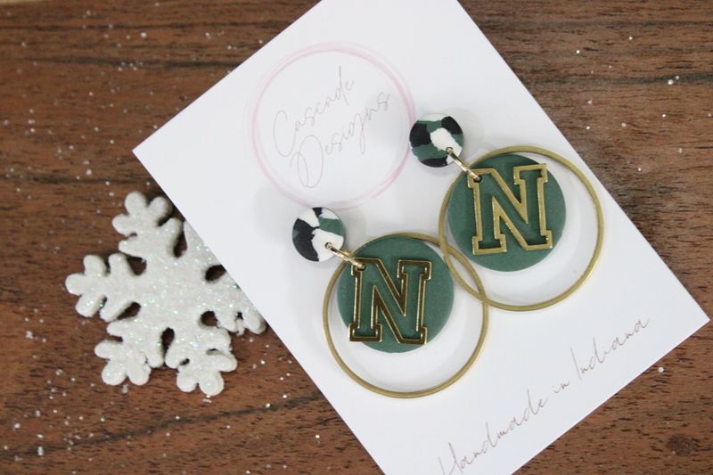 The Letterman Letter Hoop Clay Earrings (N green, white, black)